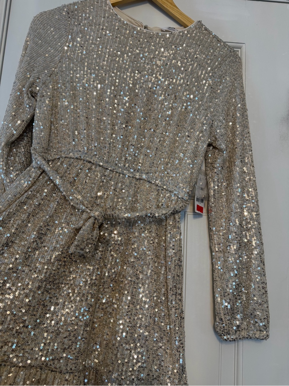 Ardene Girls' Silver Sequin Long-Sleeve Belted Dress